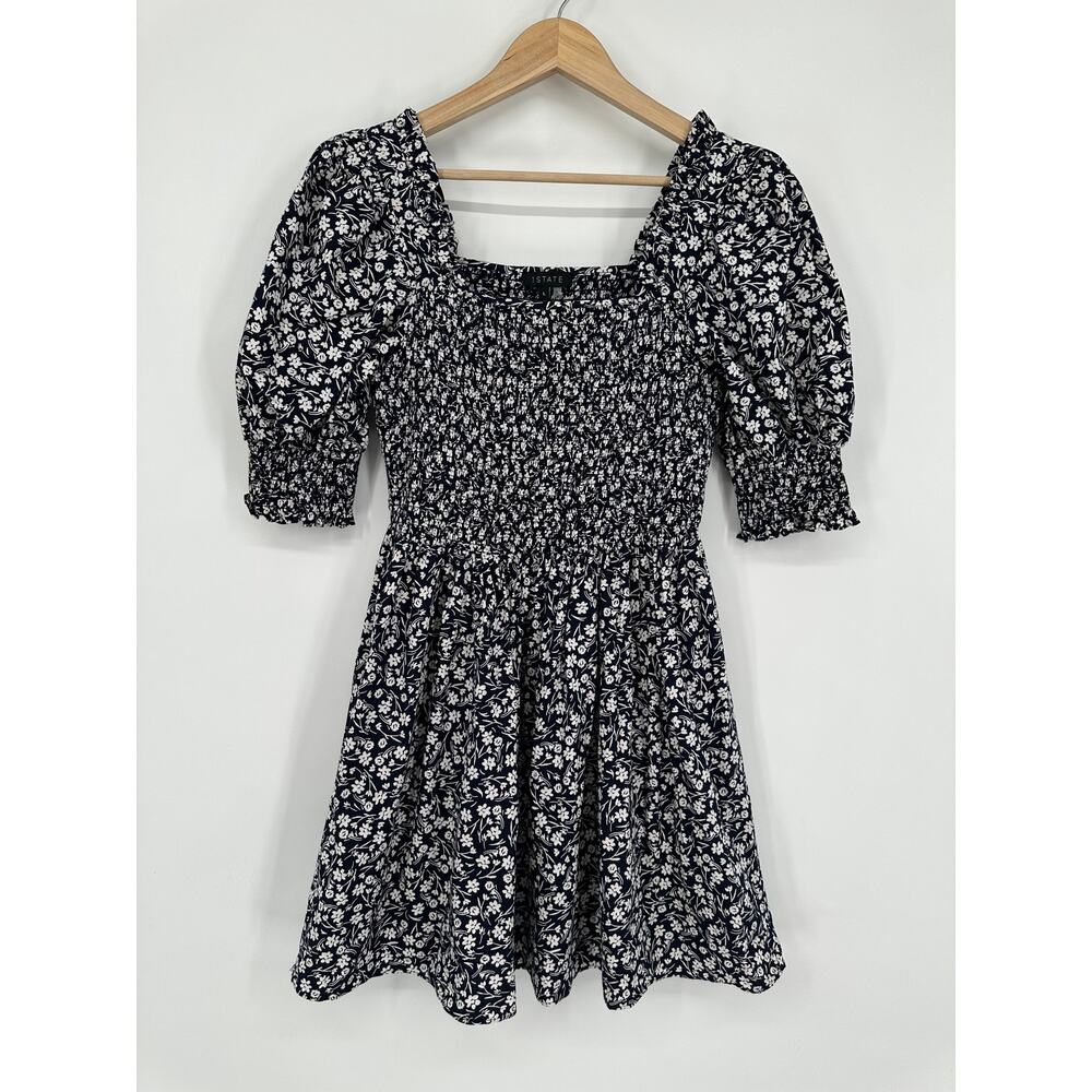 1.State Floral Print Puff Sleeve Smocked Mini Dress Square Neck Fit and Flare - Picture 4 of 13
